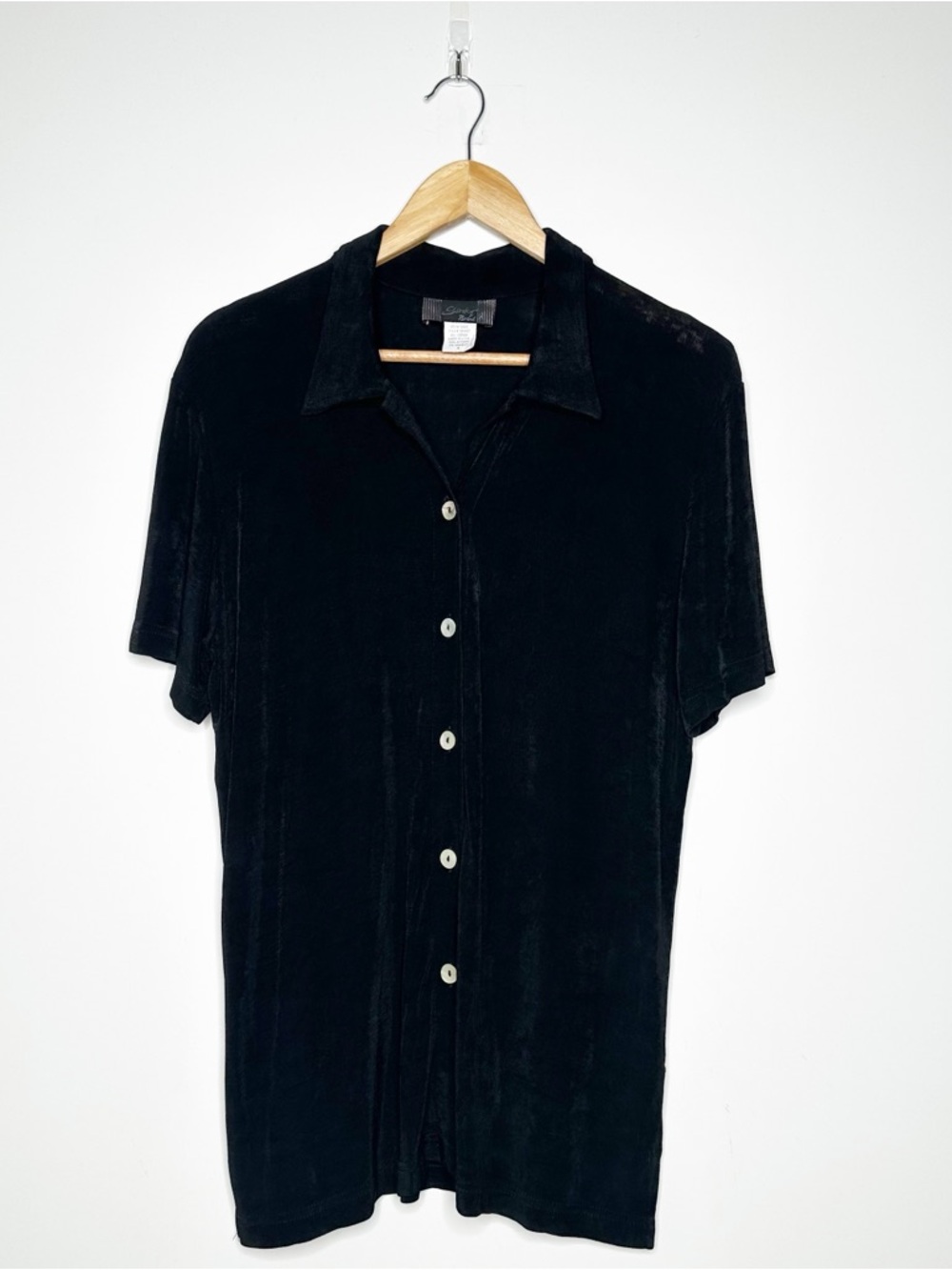 Slinky Brand Black Short Sleeve Button Up Shirt Size Small
